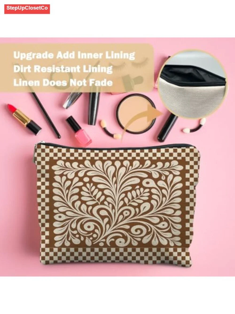 Boho Floral Linen Makeup Bag Vintage Zipper Pouch Cosmetic Case Travel